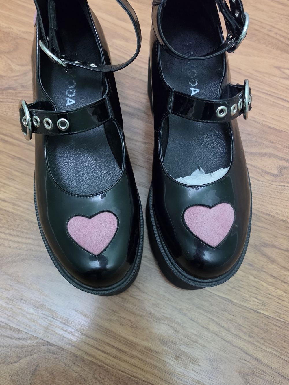 Black Patent Platform Mary Janes with Pink Heart Accent
